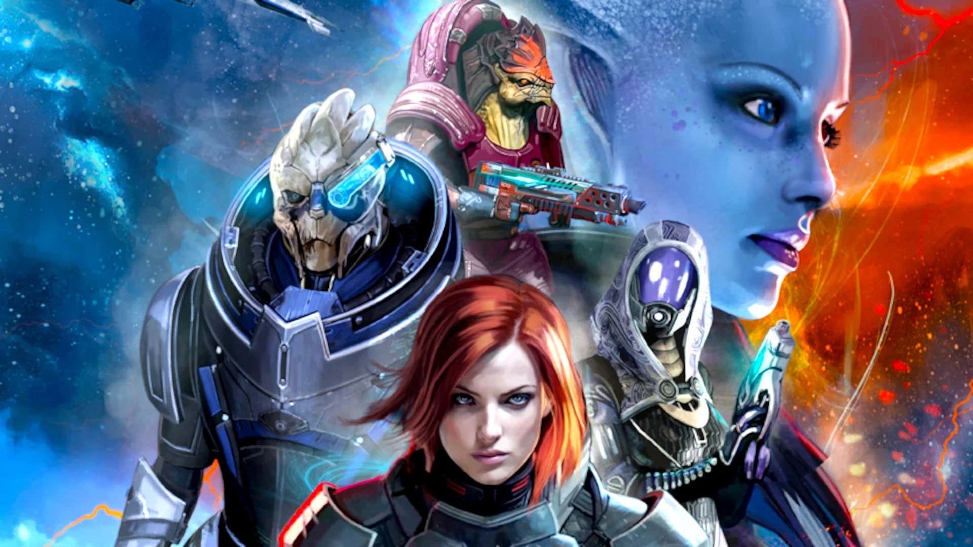 Floating avatar posters of Garrus, Rex, Liara, Tali, and Shepard.